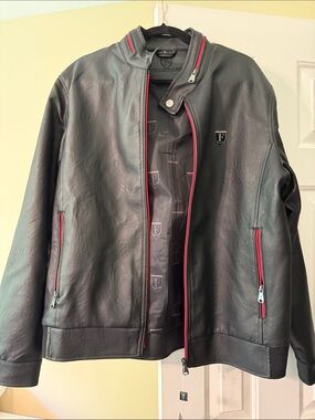 Men's Black Leather Bomber Jacket with Red Trim